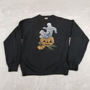 VTG Jerzees Sweatshirt Mens M Black Pullover Halloween‎ Ghosts Pumpkin Cozy